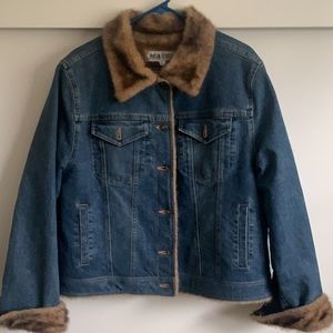 Denim Faux Fur Jacket w/ American Flag